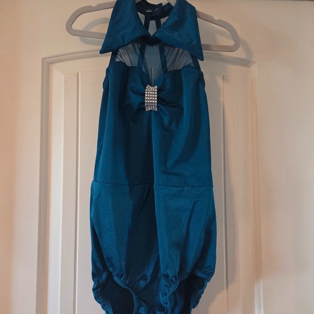 Kelle dance costume, blue leotard with peplum skirt